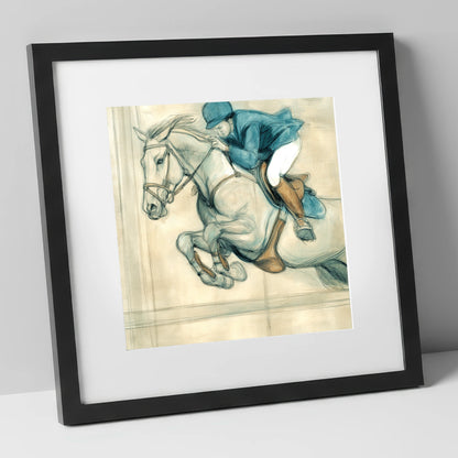 Suspended Flight show jumping horse art print in black frame