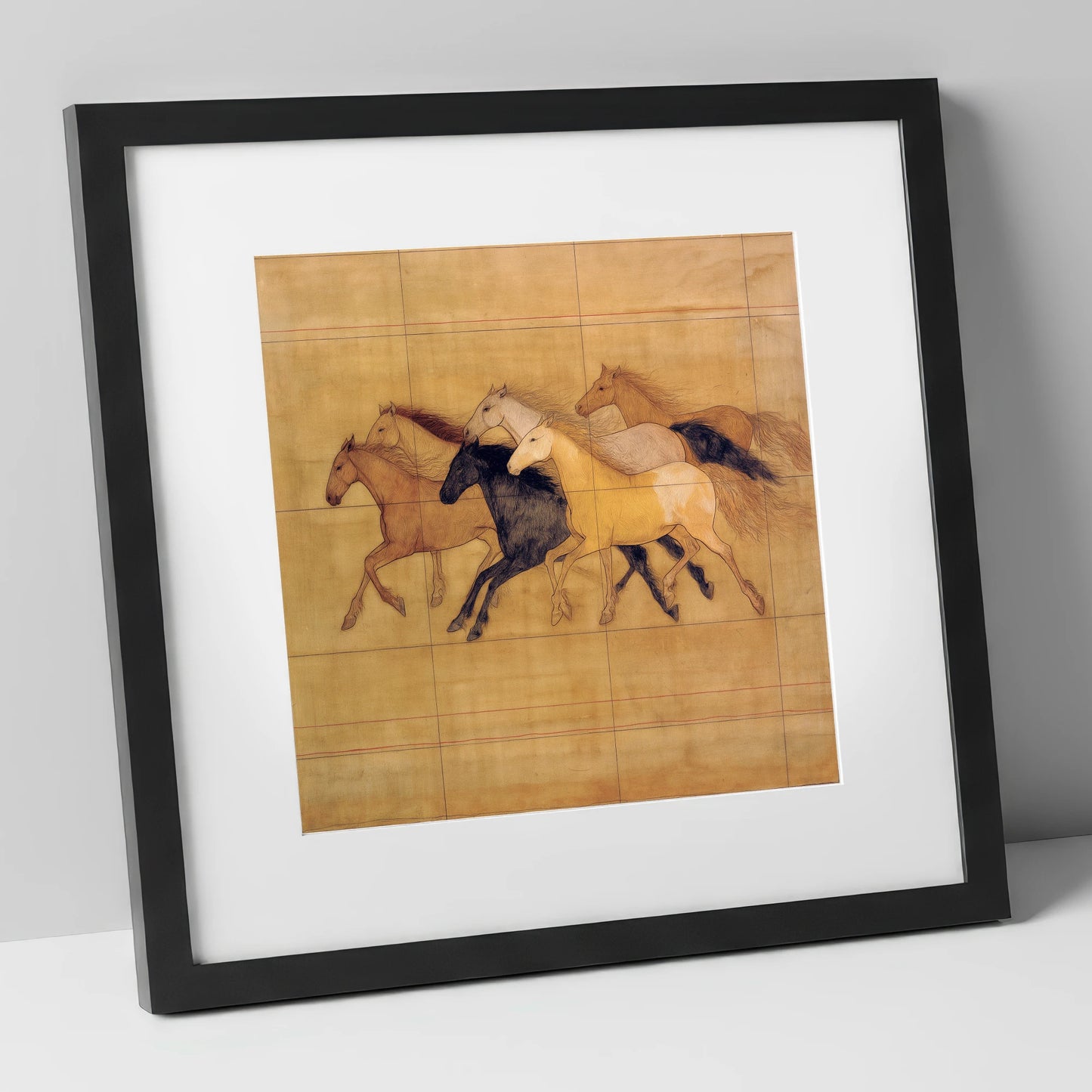 Classical Herd Study wild horses art print in black frame