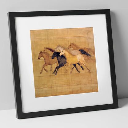 Classical Herd Study wild horses art print in black frame