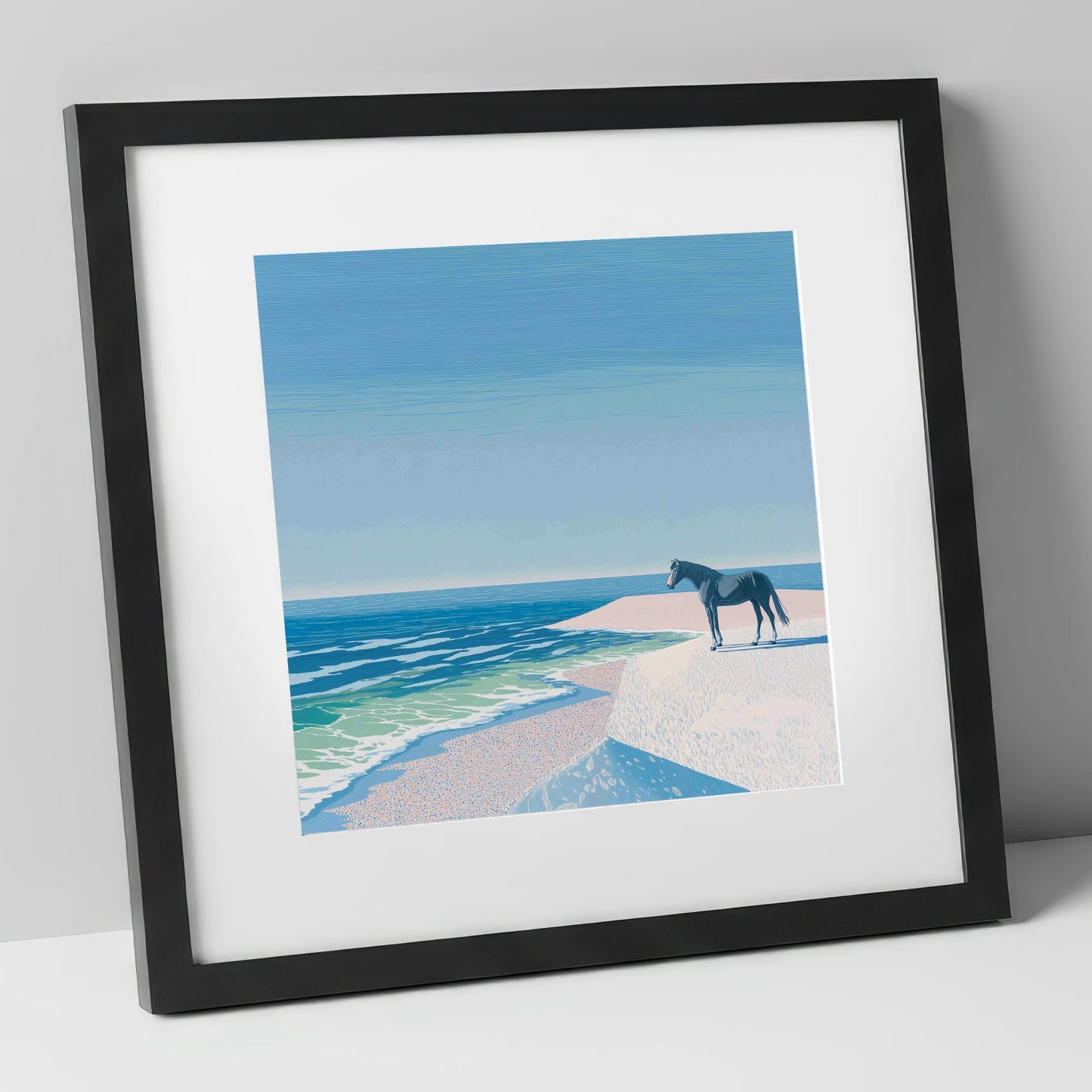 Coastal Solitude horse landscape art print in black frame