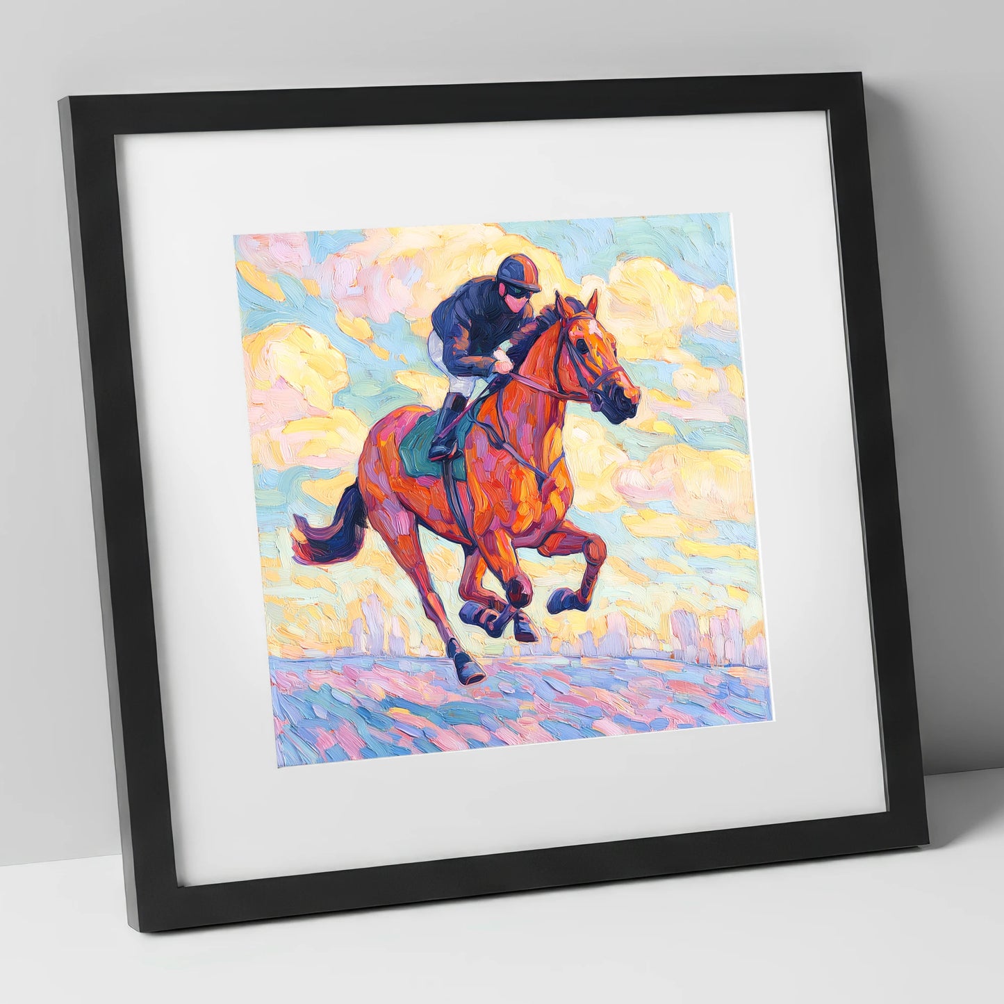 Technicolour Gallop racing horse art print in black frame