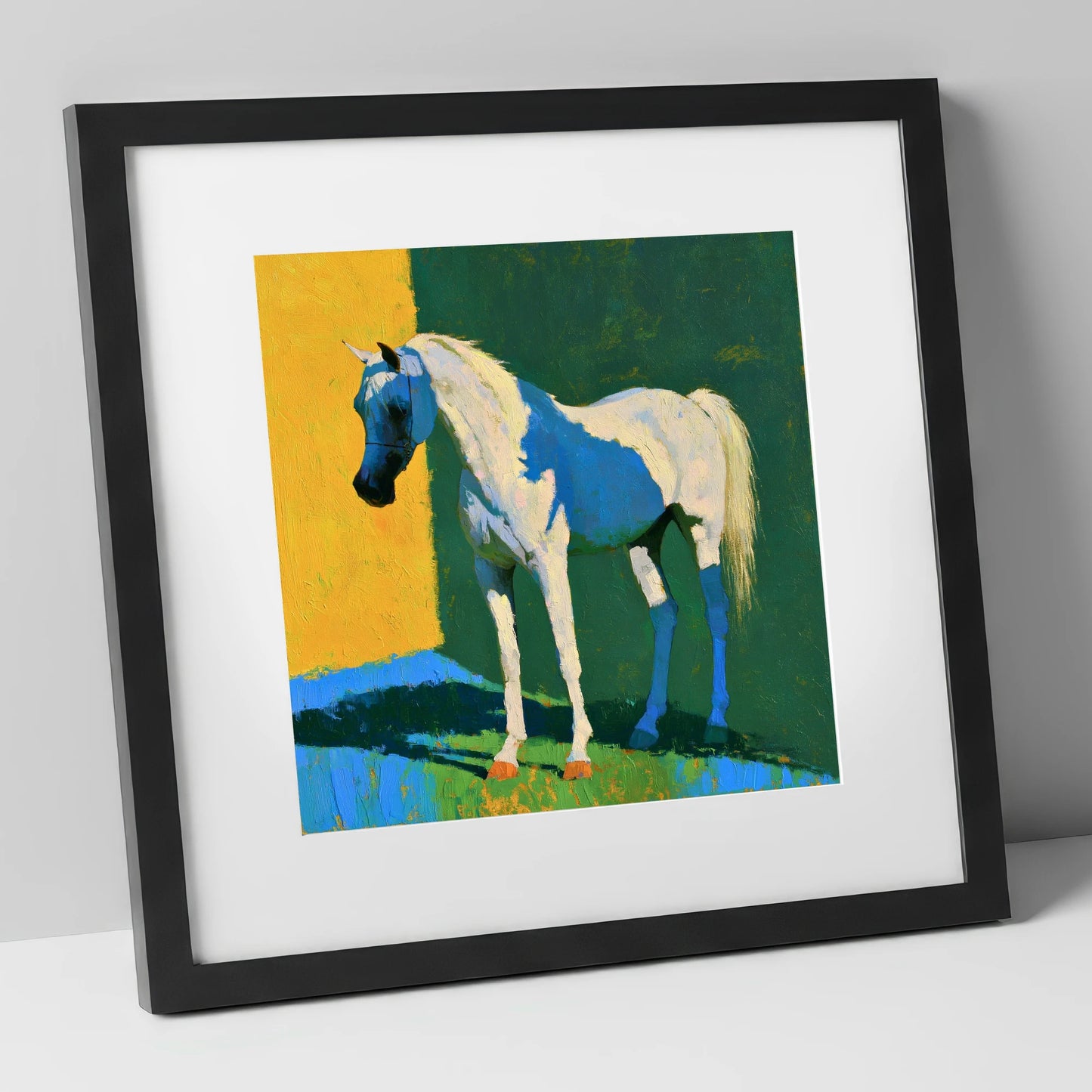 Grey Arabian in Vibrant Light horse breed art print in black frame