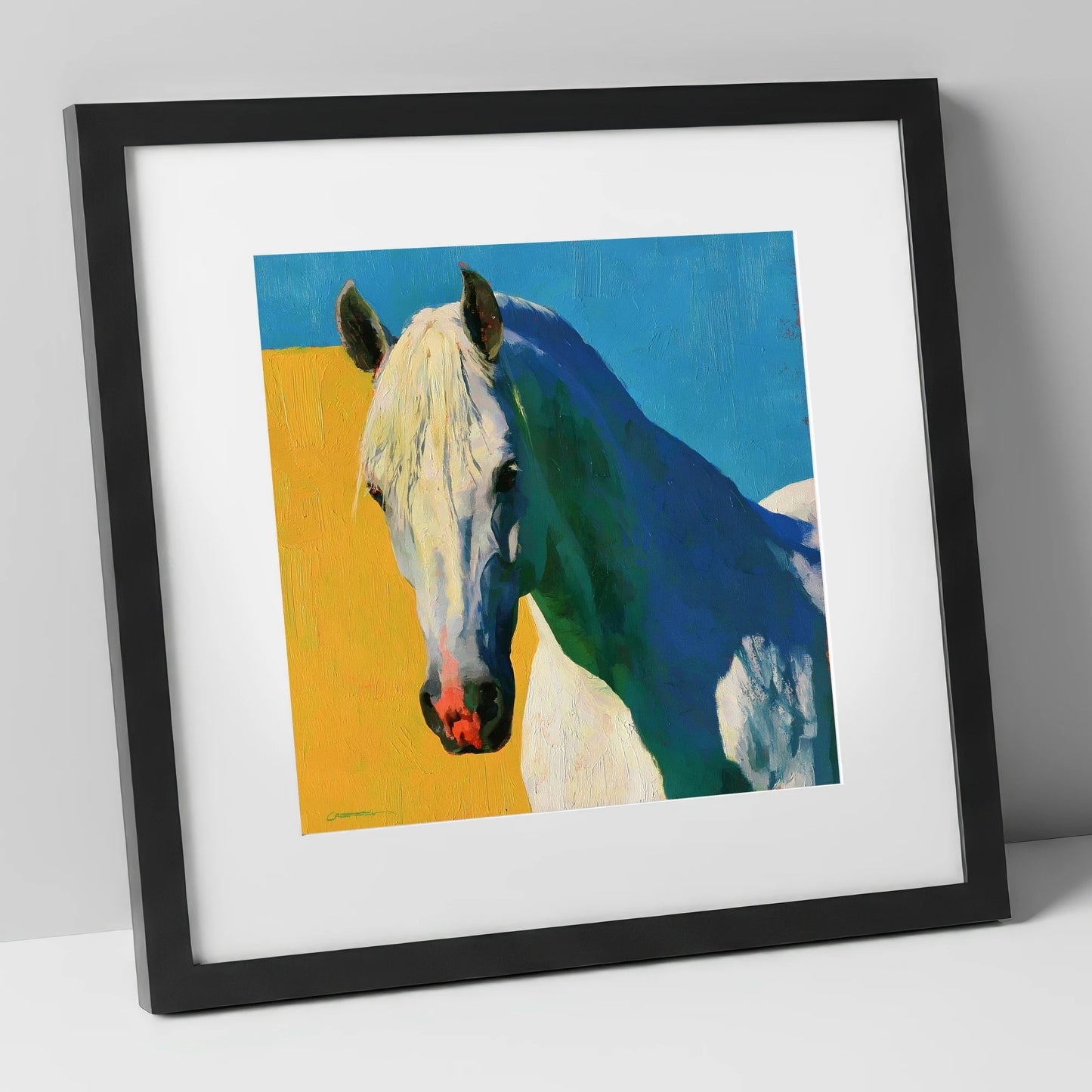 Grey Horse in Vibrant Sunlight horse breed art print in black frame