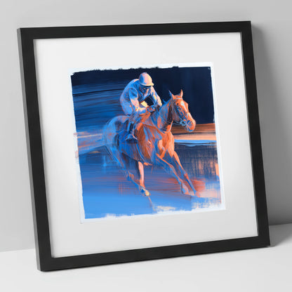 Twilight Stretch racing horse art print in black frame