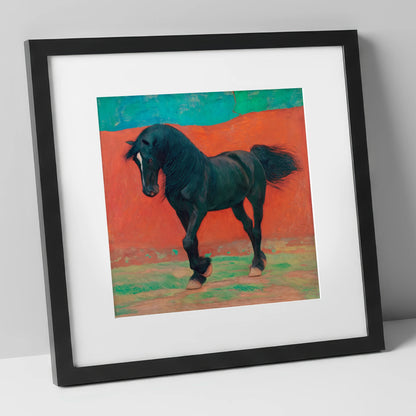 Bold Friesian Rhythm horse breed art print in black frame