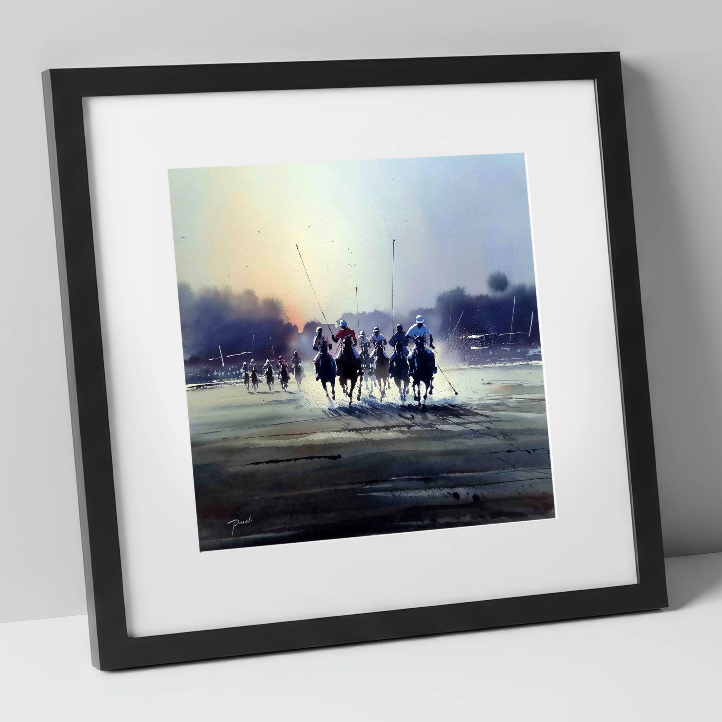 Thundering Polo Charge polo horse art print in black frame