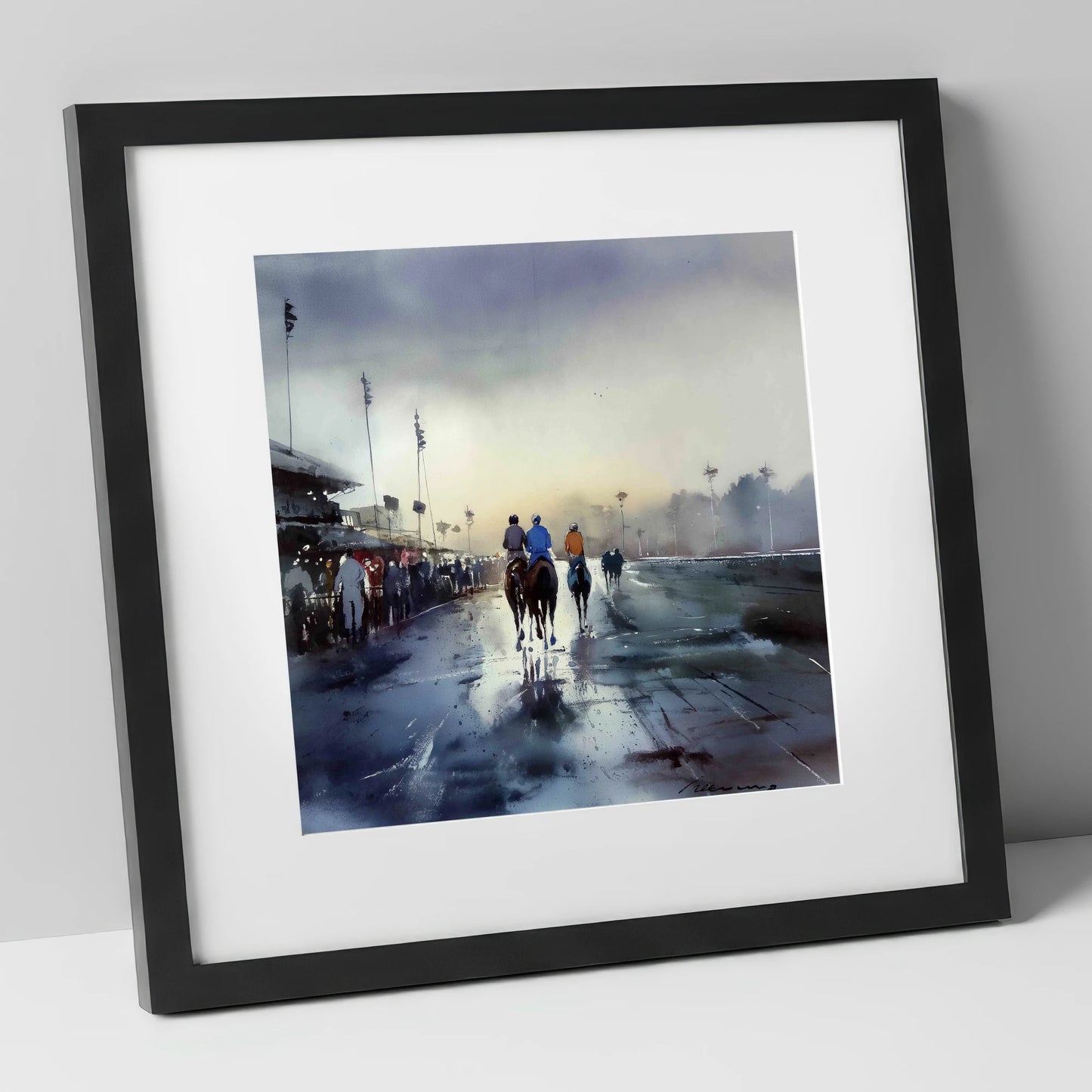 Dawn at the Track racing horse art print in black frame