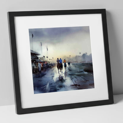 Dawn at the Track racing horse art print in black frame