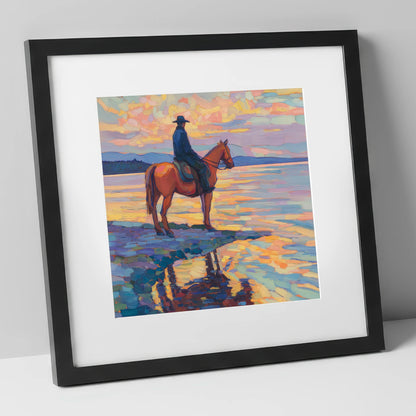 Solitary Sunset Ride beach horse art print in black frame