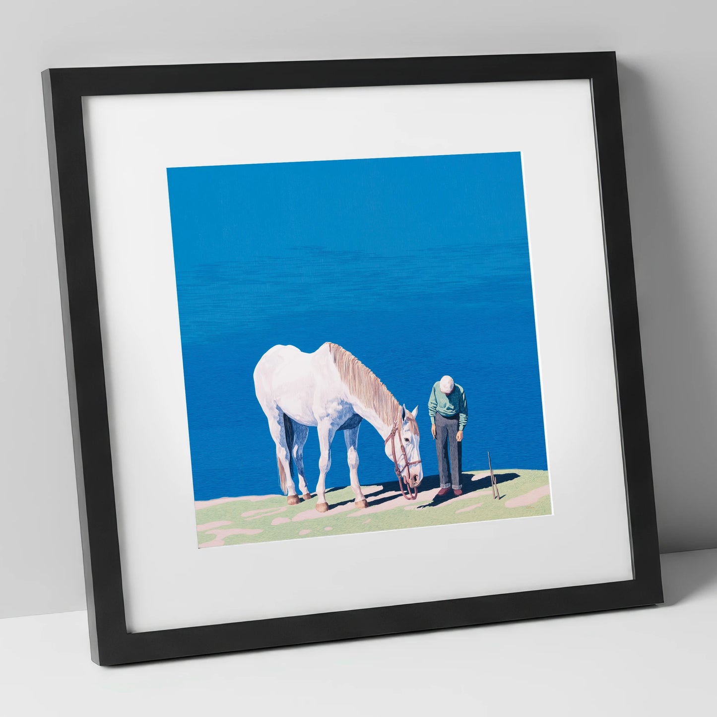 Shared Silence horse & rider art print in black frame