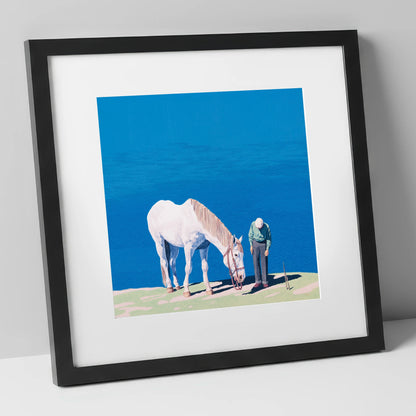 Shared Silence horse & rider art print in black frame
