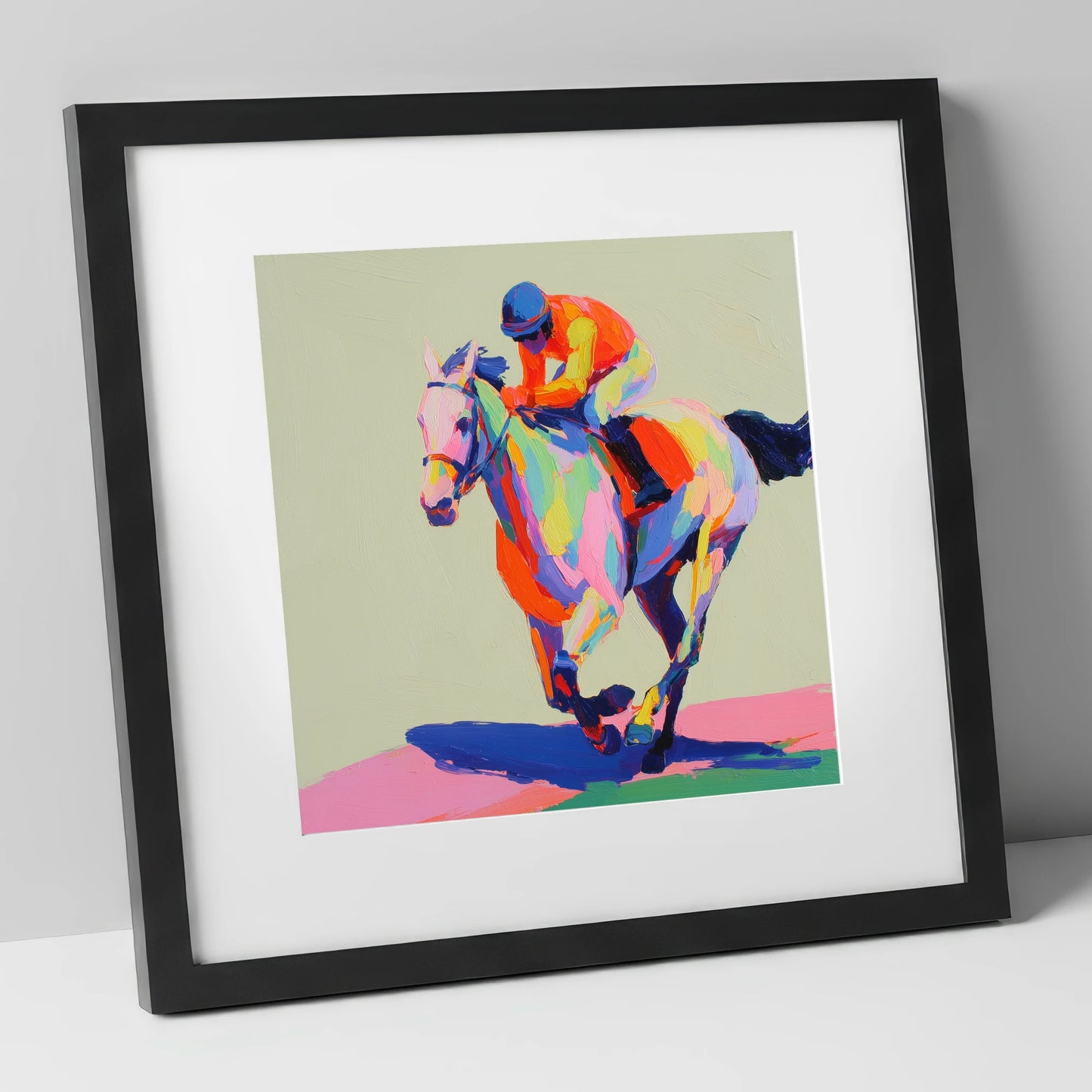 Technicolour Sprint racing horse art print in black frame
