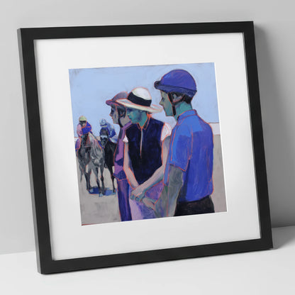 The Paddock Watch racing horse art print in black frame