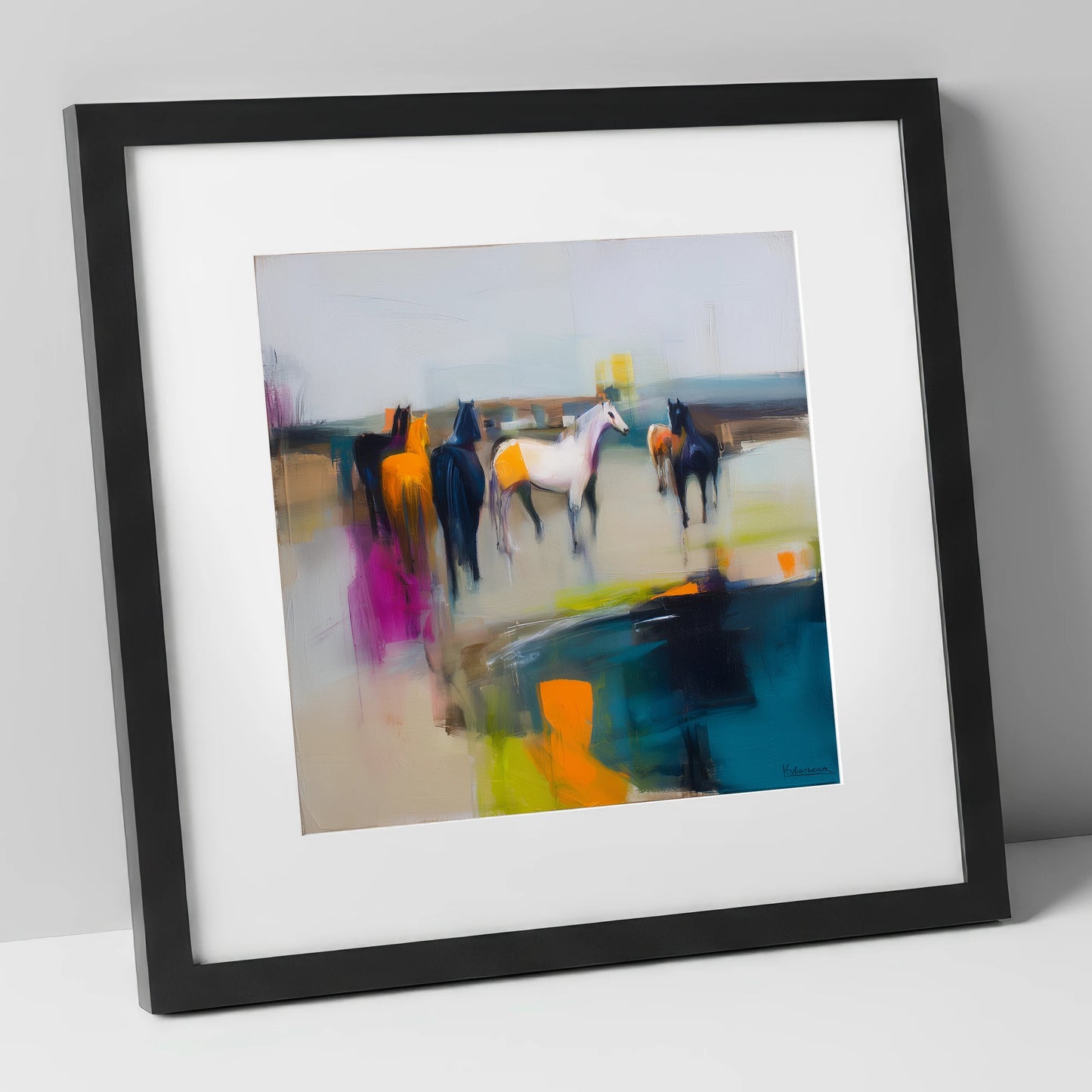 Vivid Horizon Herd horse landscape art print in black frame