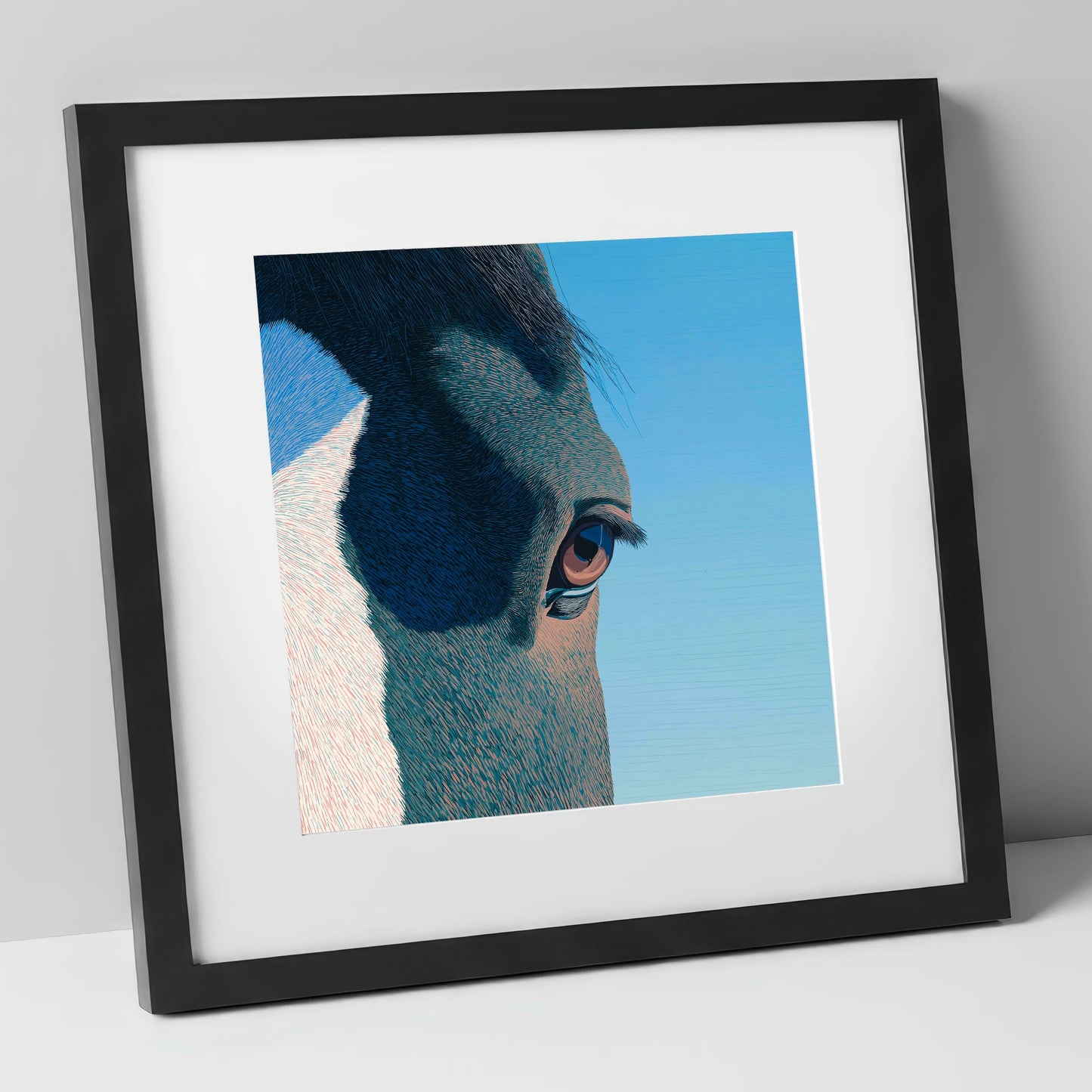 Stillness in Blue horse portrait art print in black frame