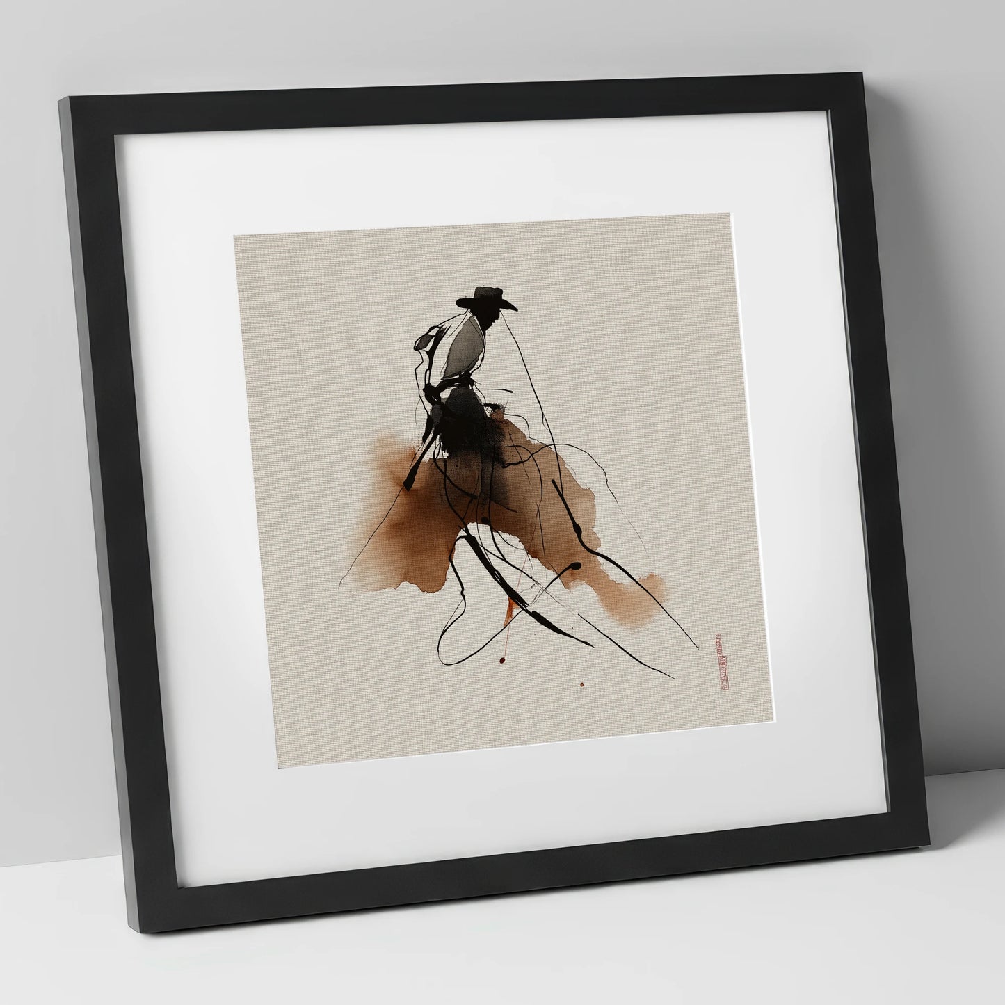 The Sepia Rider western horse art print in black frame