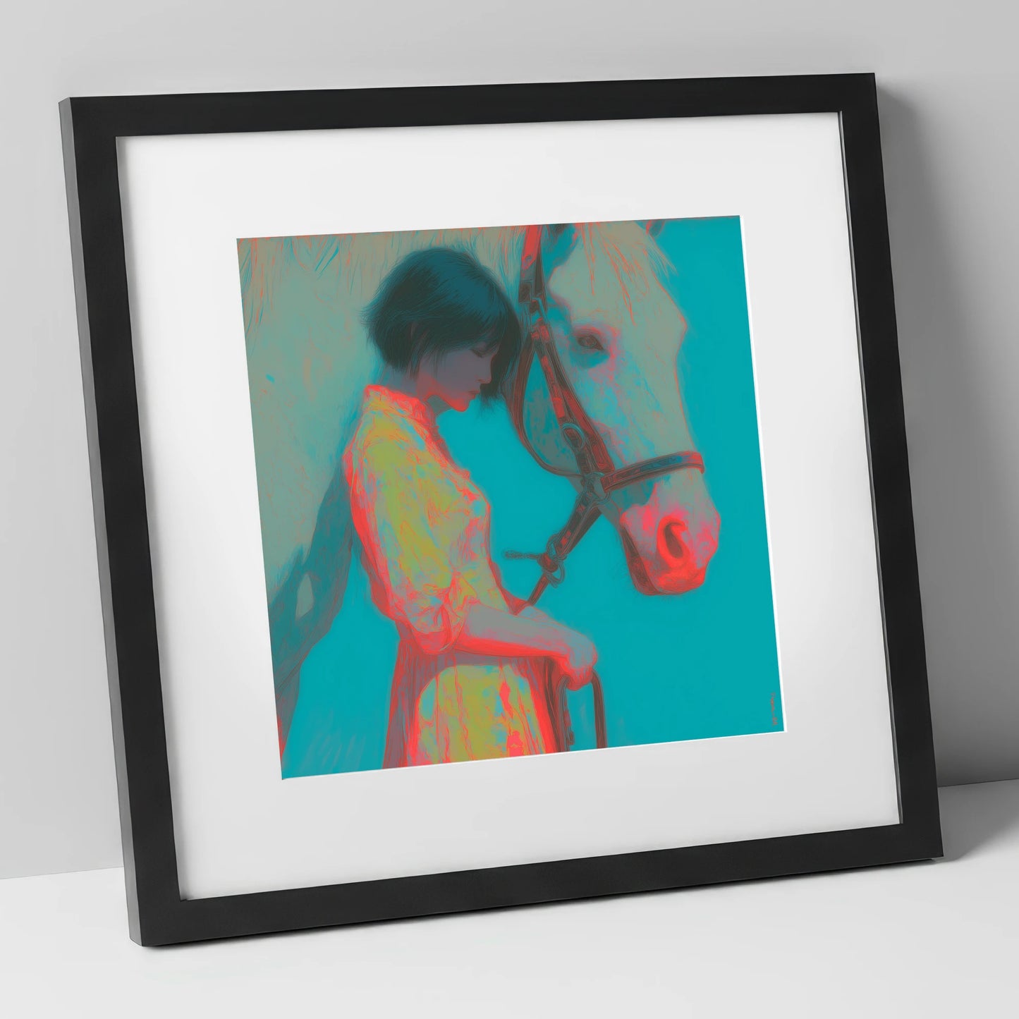 Electric Bond horse & rider art print in black frame