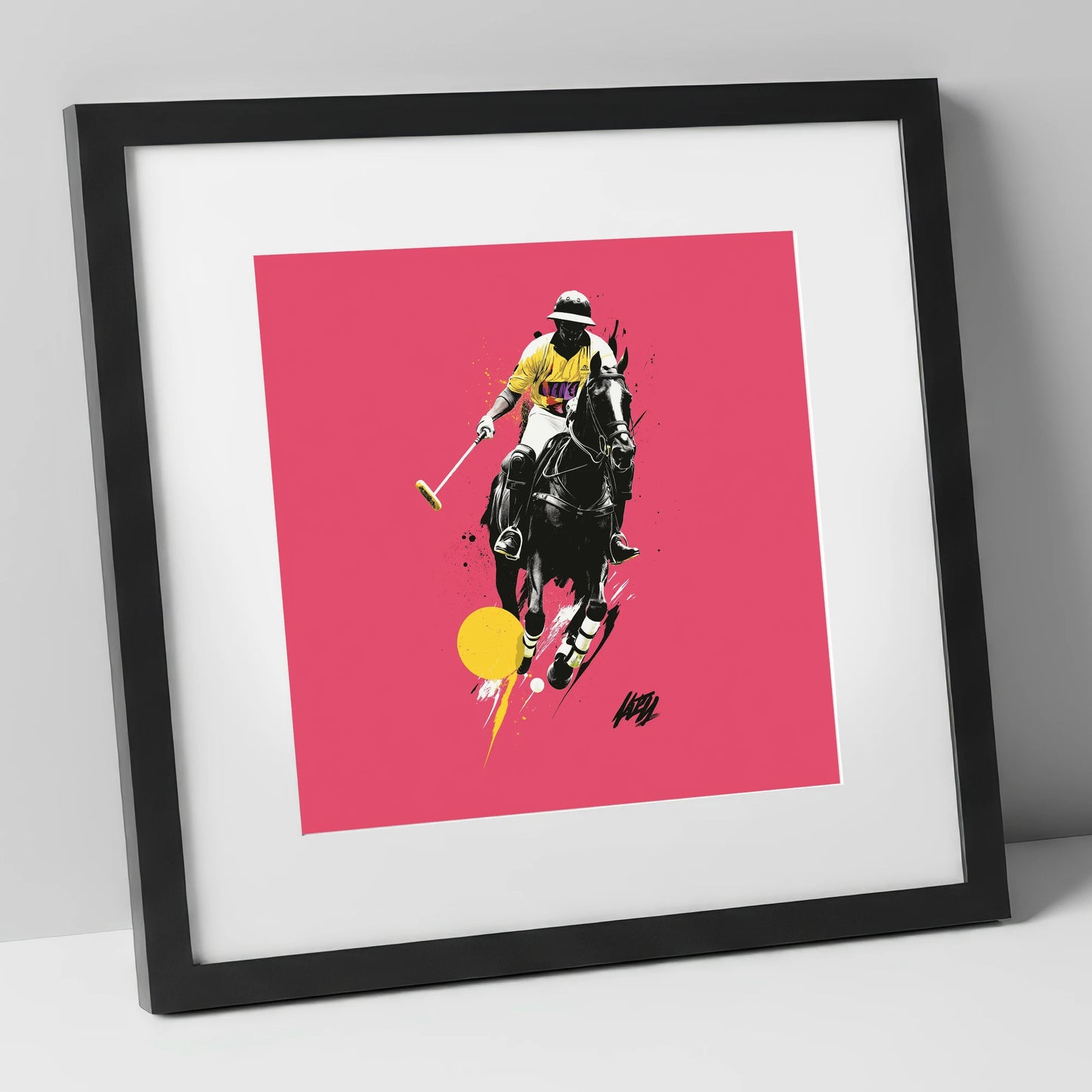 Magenta Chukka polo horse art print in black frame