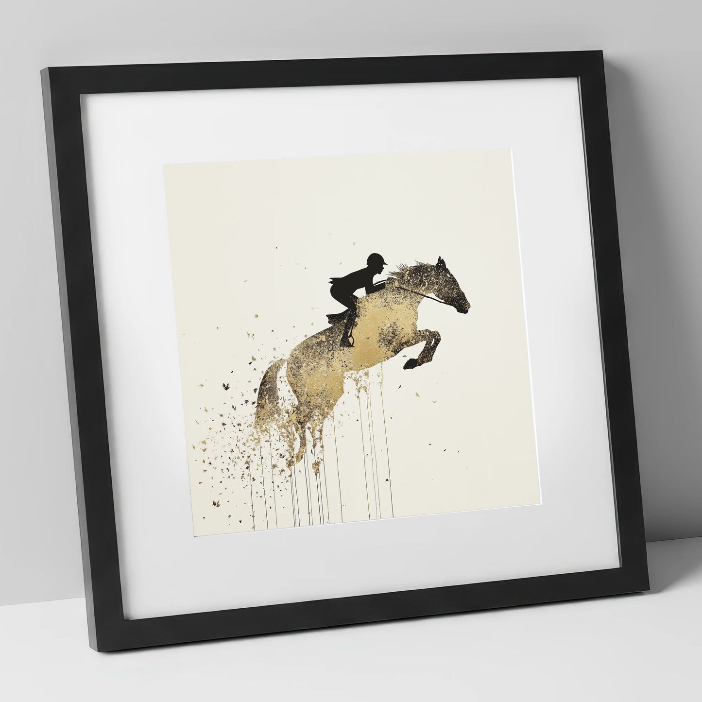 Airborne Gold show jumping horse art print in black frame