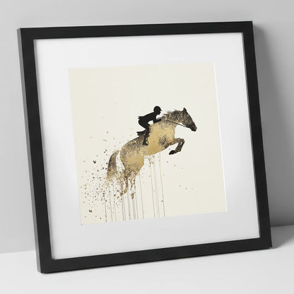 Airborne Gold show jumping horse art print in black frame
