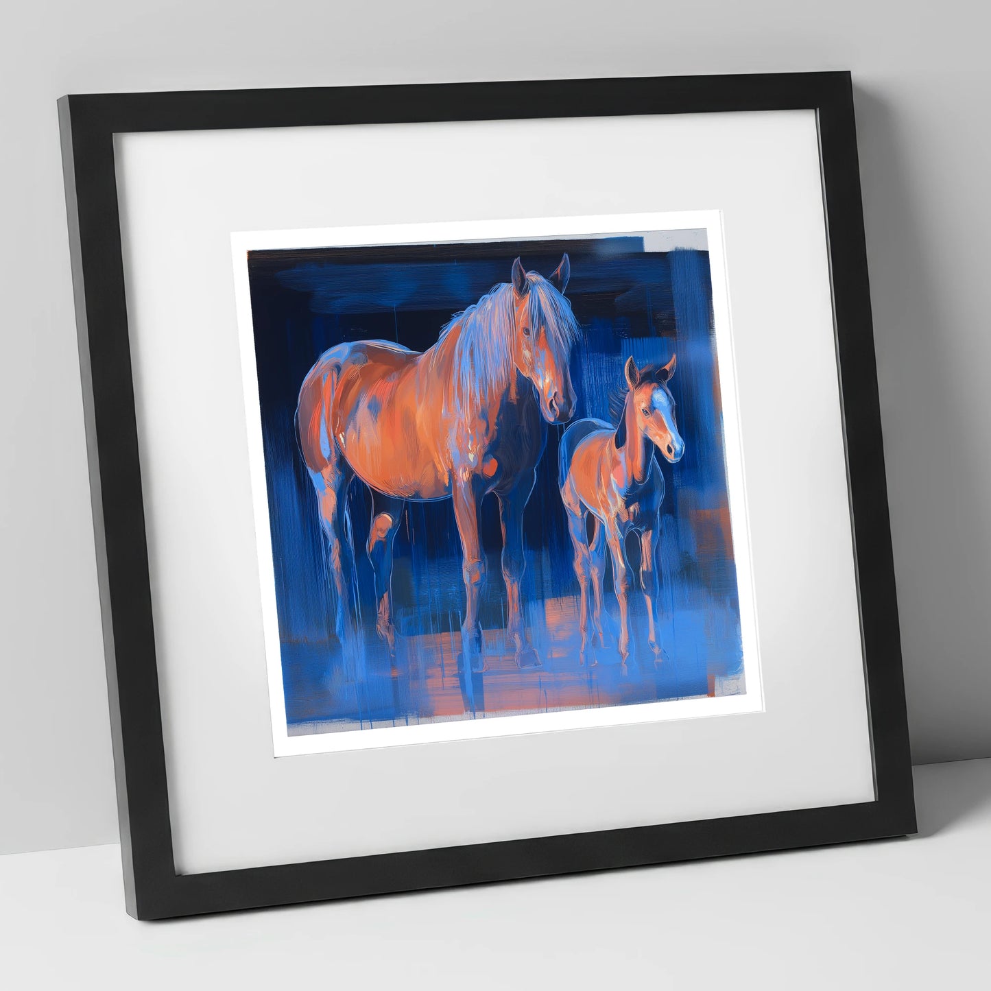 Cobalt and Apricot mare & foal art print in black frame
