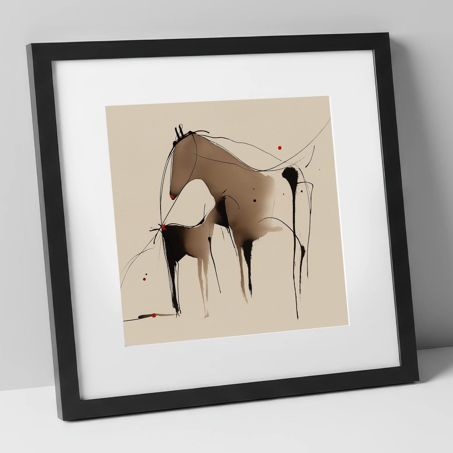 Minimalist Mare and Foal mare & foal art print in black frame
