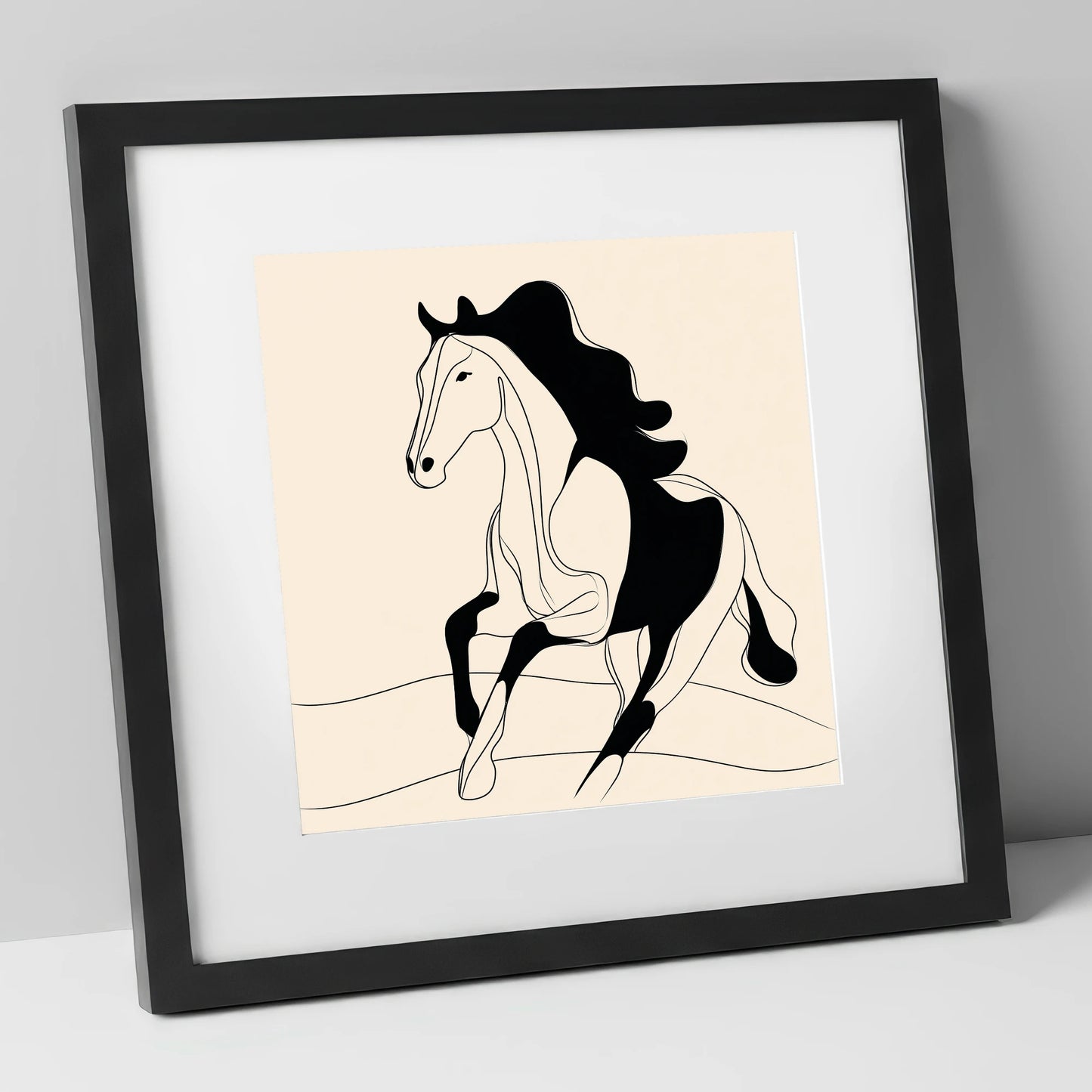 Dynamic Ink Silhouette horse portrait art print in black frame