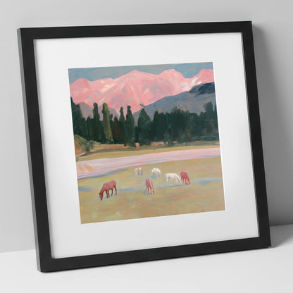Alpenglow Pastures horse landscape art print in black frame