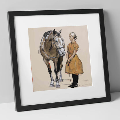 The Quiet Connection horse & rider art print in black frame