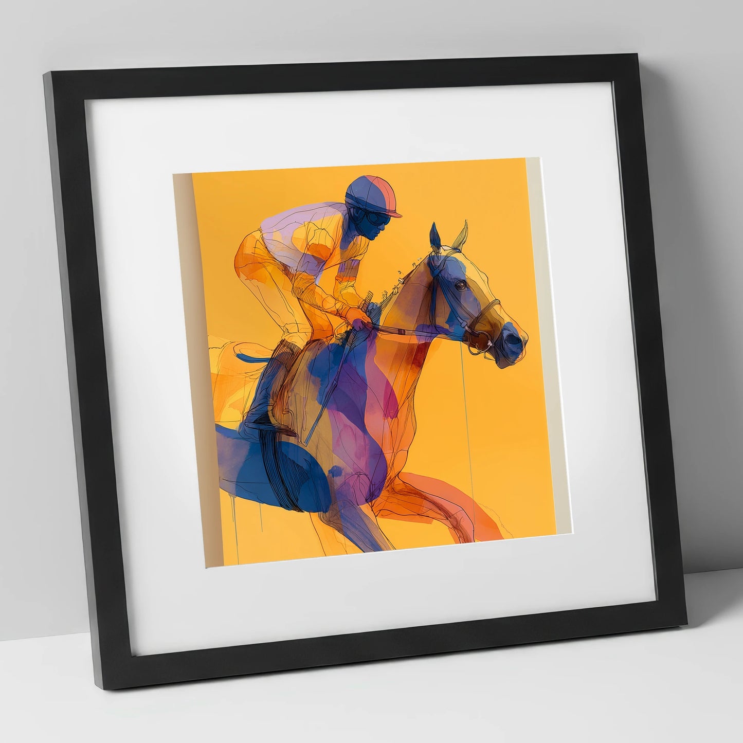 Golden Racing Stride racing horse art print in black frame