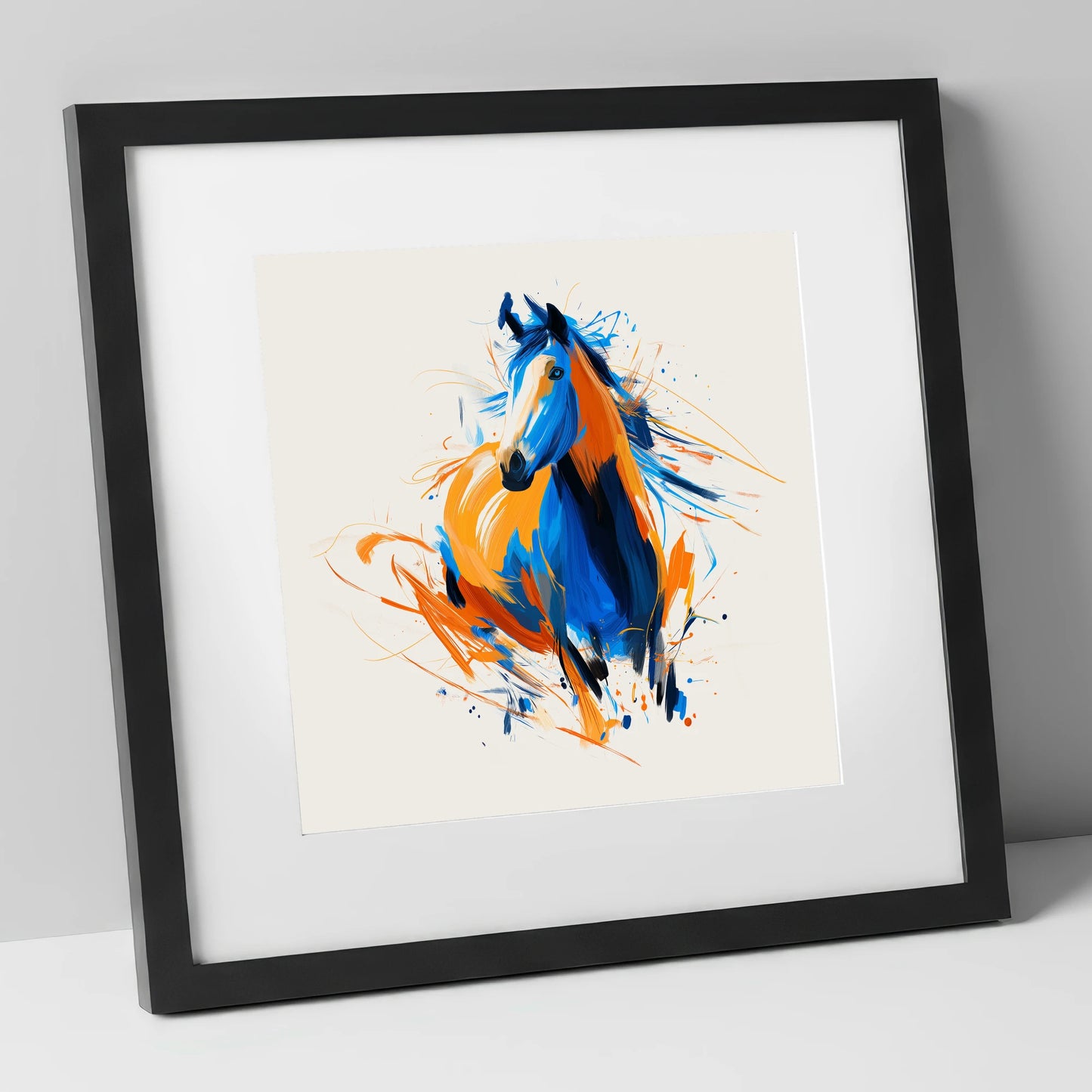 Cobalt and Amber Spirit horse portrait art print in black frame