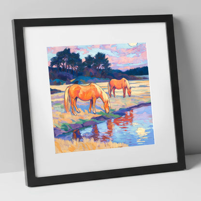 Evening Pasture Reflections horse landscape art print in black frame