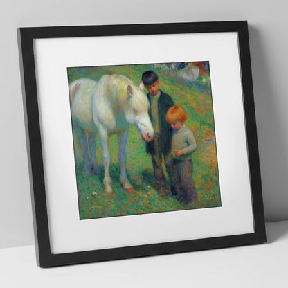 The Gentle Grey horse & rider art print in black frame