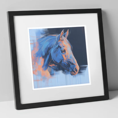 Expressive Cobalt Profile horse portrait art print in black frame