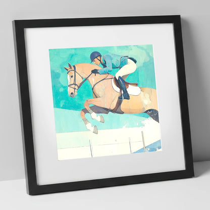 Aquamarine Flight show jumping horse art print in black frame