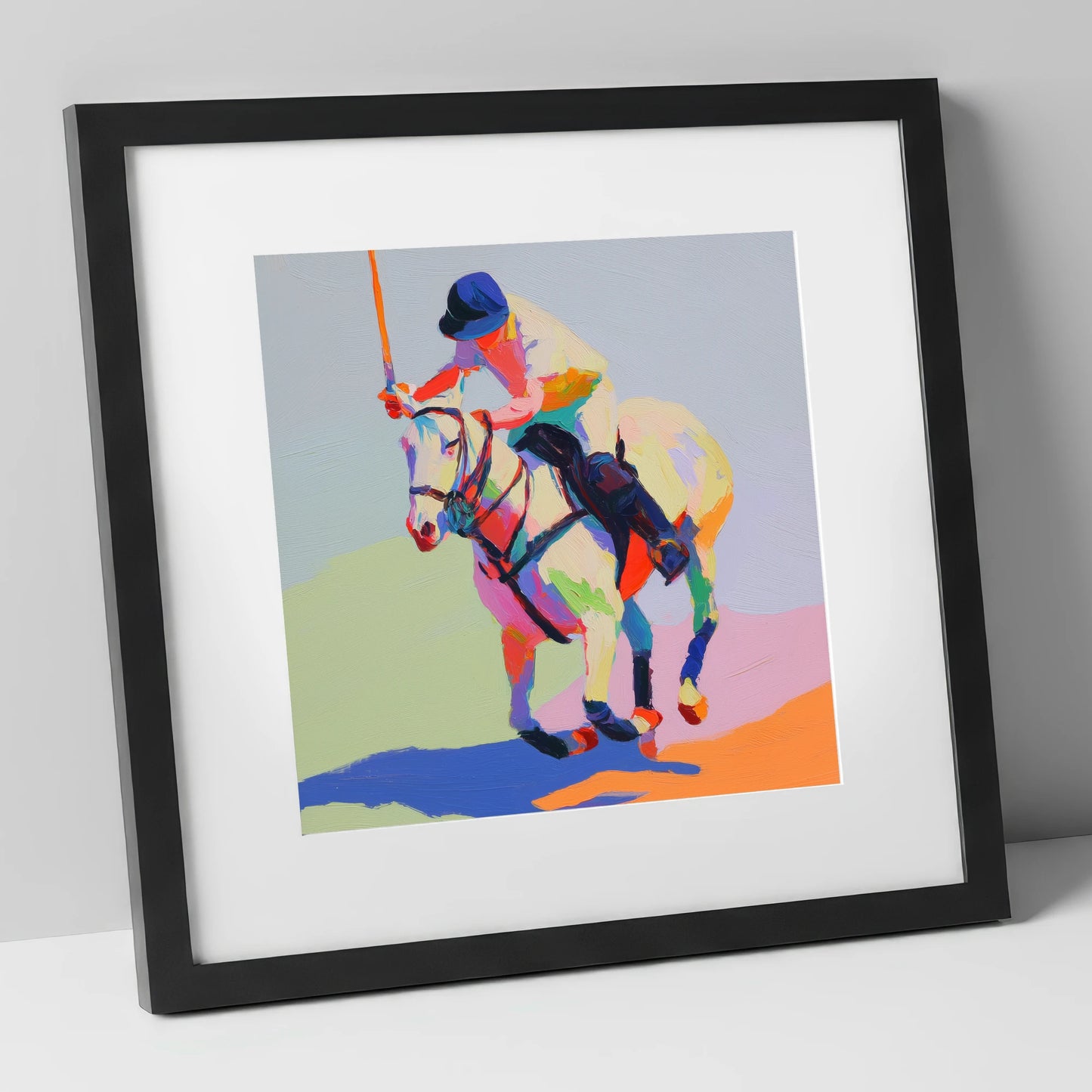 Vibrant Polo Drive polo horse art print in black frame