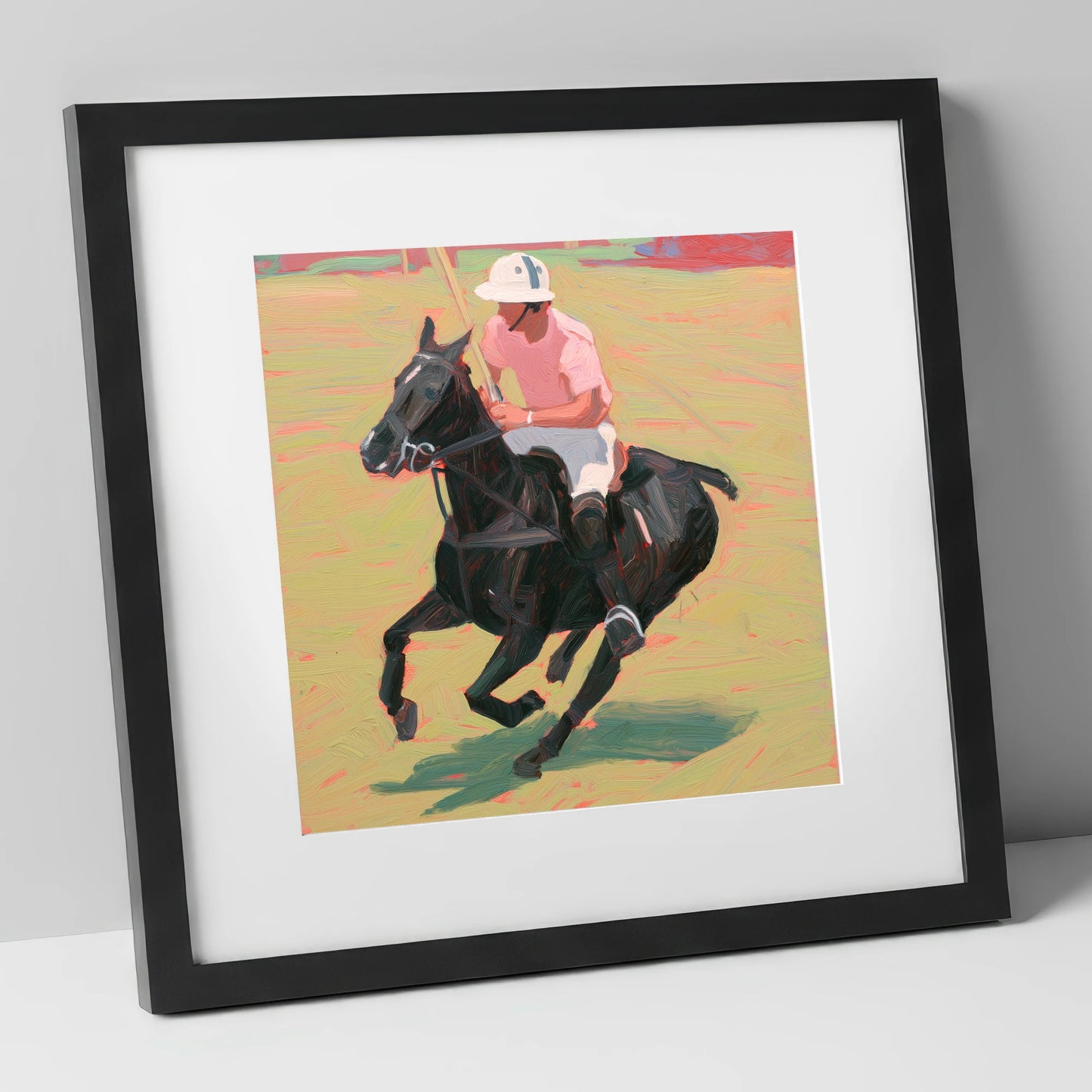 The Pink Chukka polo horse art print in black frame