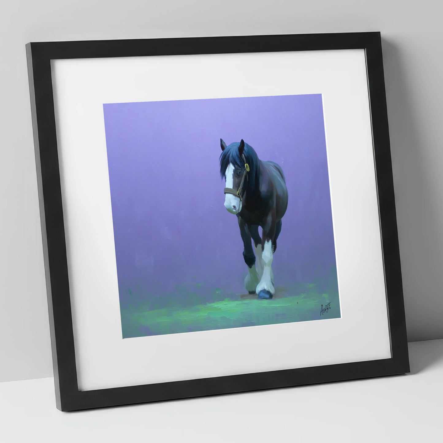 The Stepping Cob horse breed art print in black frame