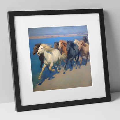 Azure Coastal Gallop wild horses art print in black frame