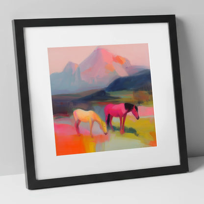Vivid Mountain Pasture horse landscape art print in black frame