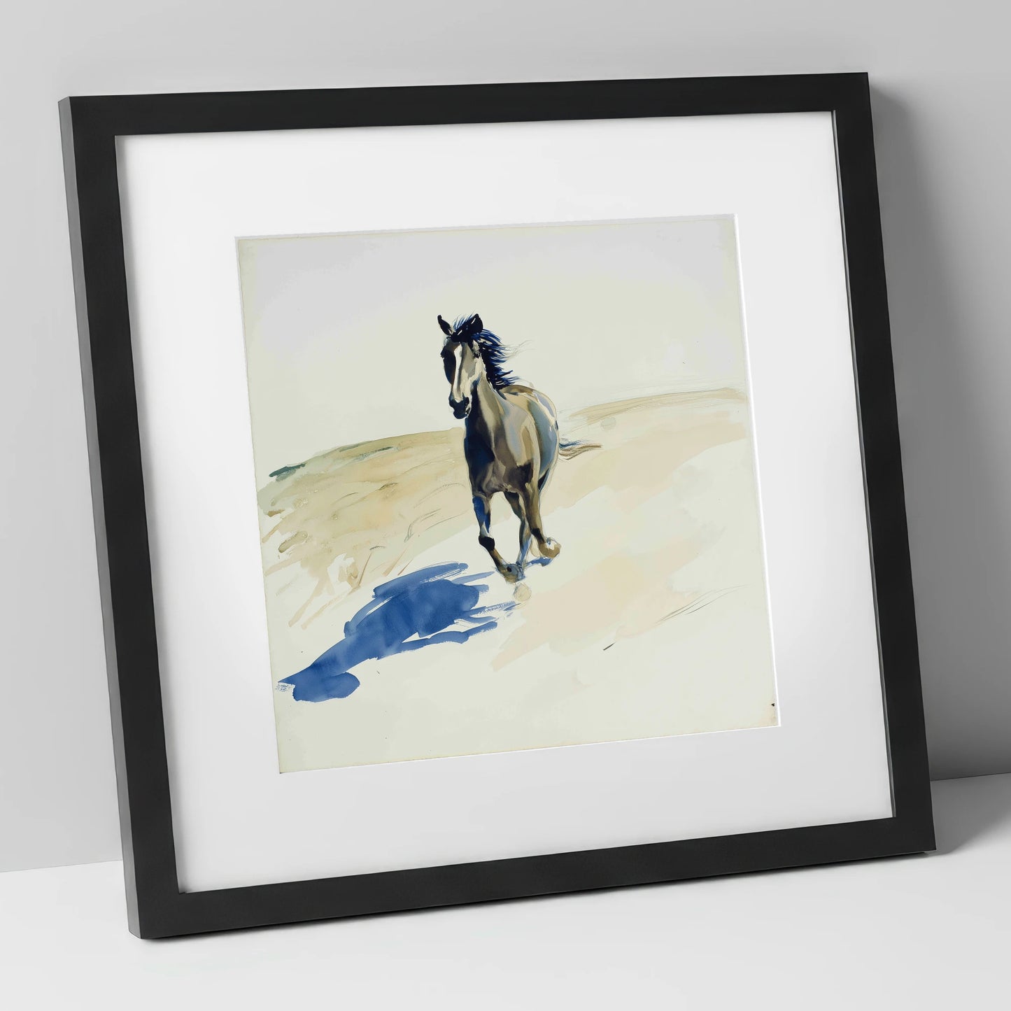 Indigo Shadow Canter wild horses art print in black frame