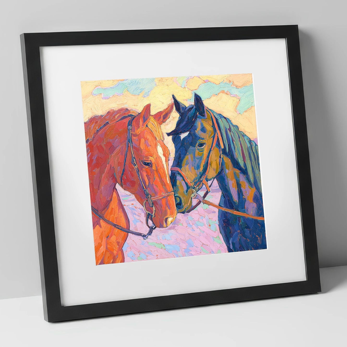 Vibrant Equine Bond horse portrait art print in black frame