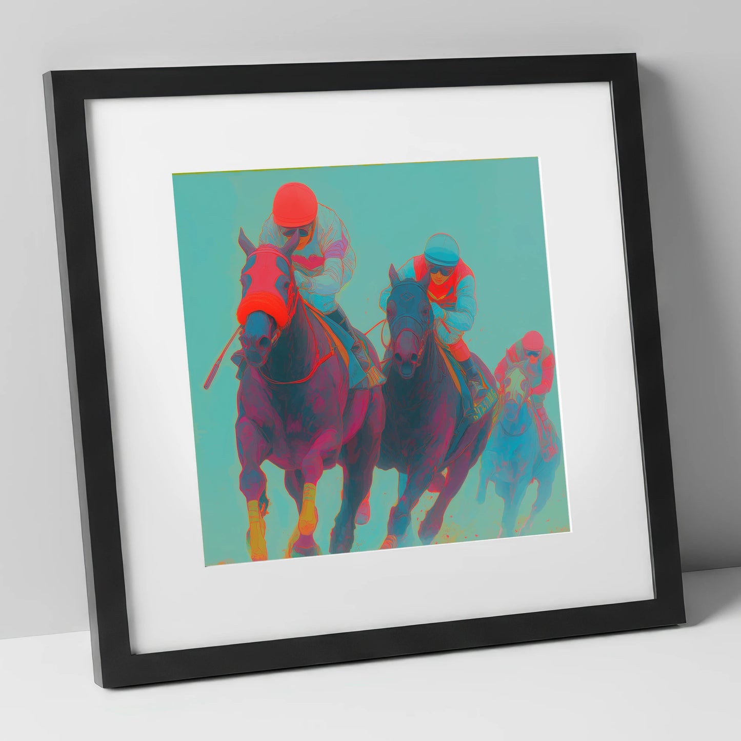 Electric Homestretch racing horse art print in black frame