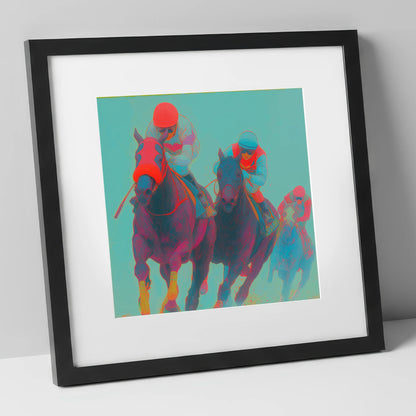 Electric Homestretch racing horse art print in black frame