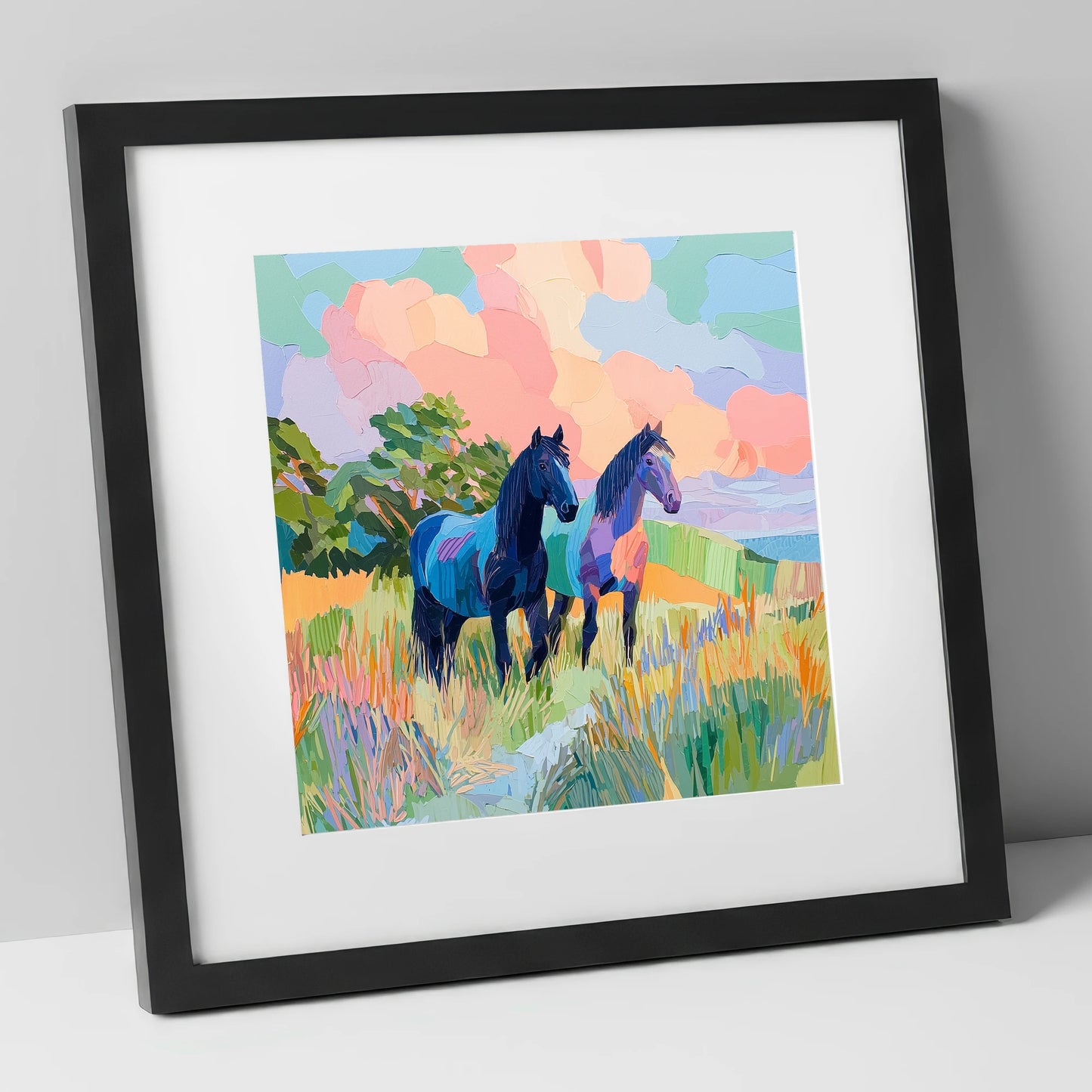 Pastures in Pastel horse landscape art print in black frame