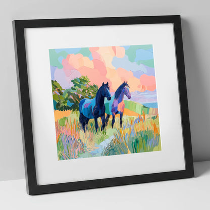 Pastures in Pastel horse landscape art print in black frame