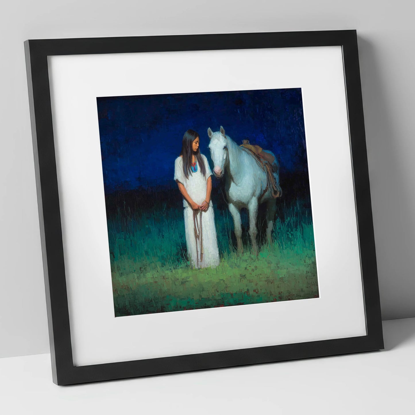 Quiet Night Vigil horse & rider art print in black frame