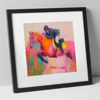 Flight in Vibrant Colour show jumping horse art print in black frame