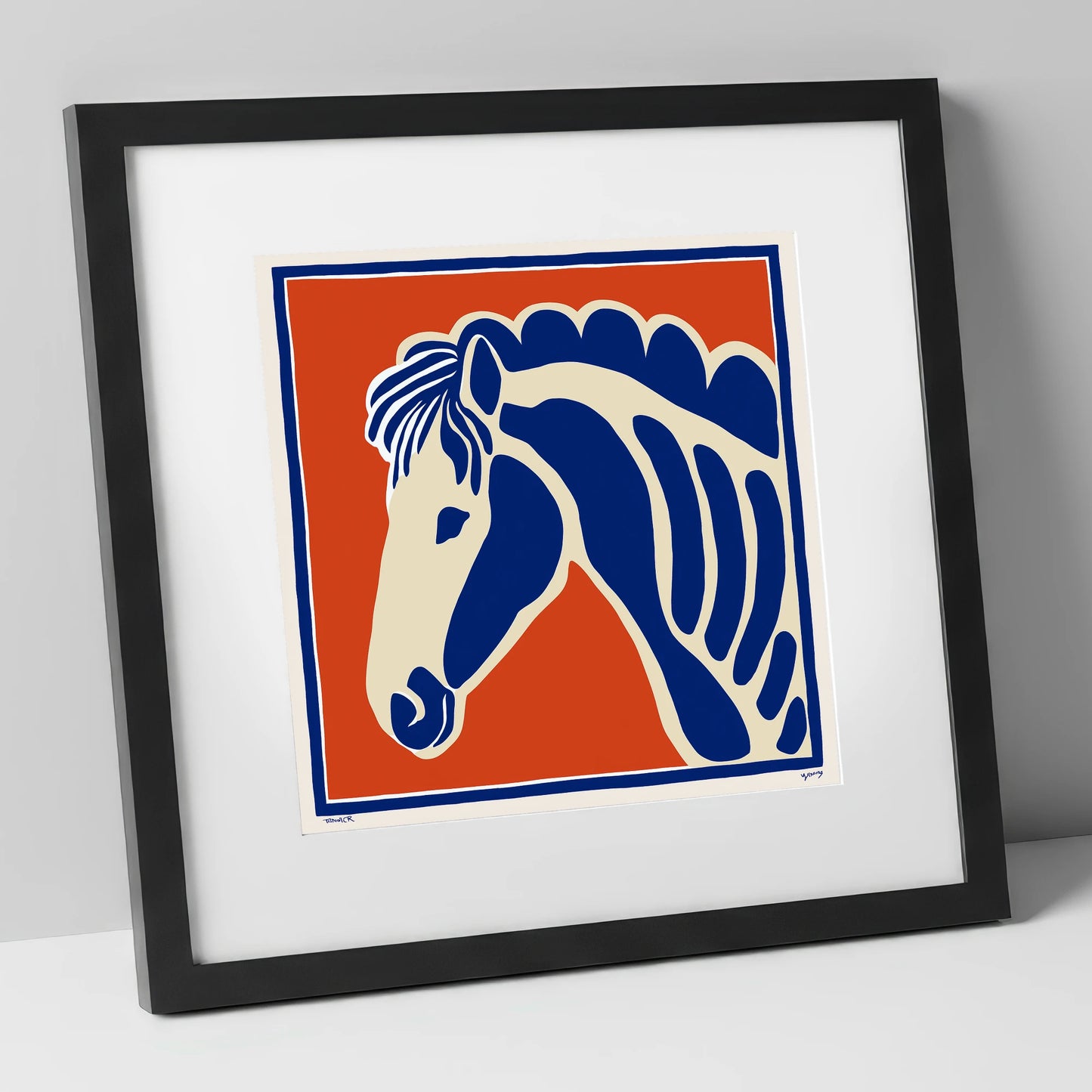 Cobalt Equine Profile horse portrait art print in black frame