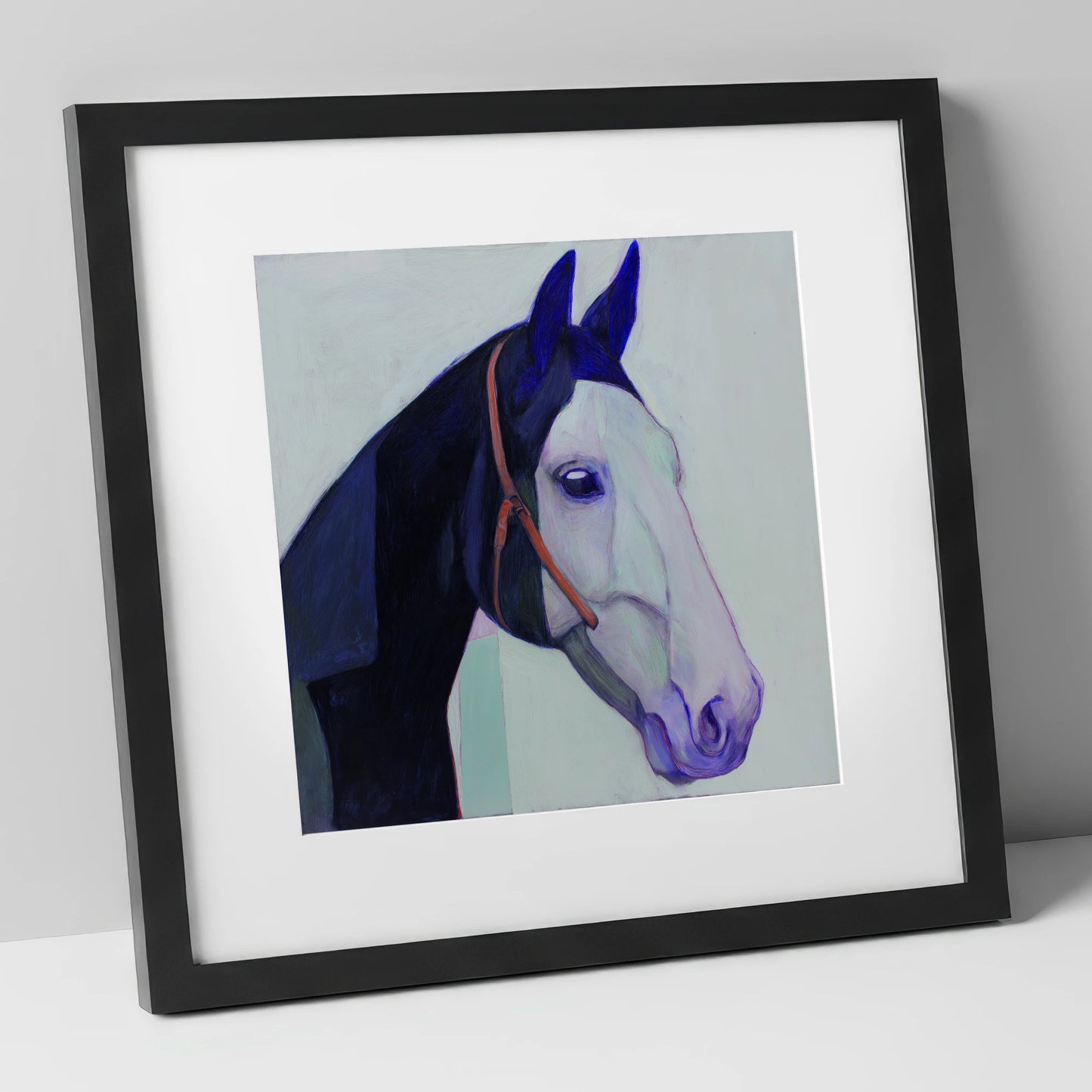 Indigo and Ice horse portrait art print in black frame